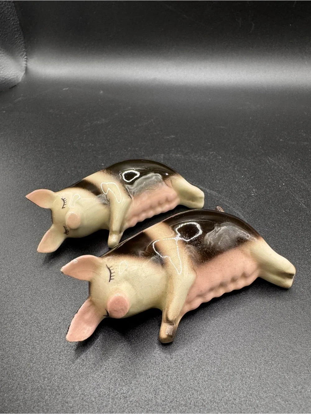 Ceramic Sleeping Pig Figurine Pair - Pink and Brown Decorative Set